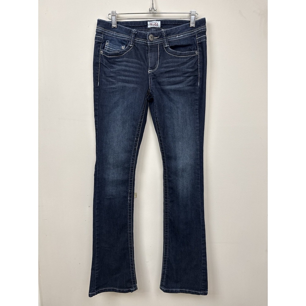 Mudd Y2K Low Rise Bootcut Jeans Dark Whisker Wash Contrast Stitch Indie Sleaze